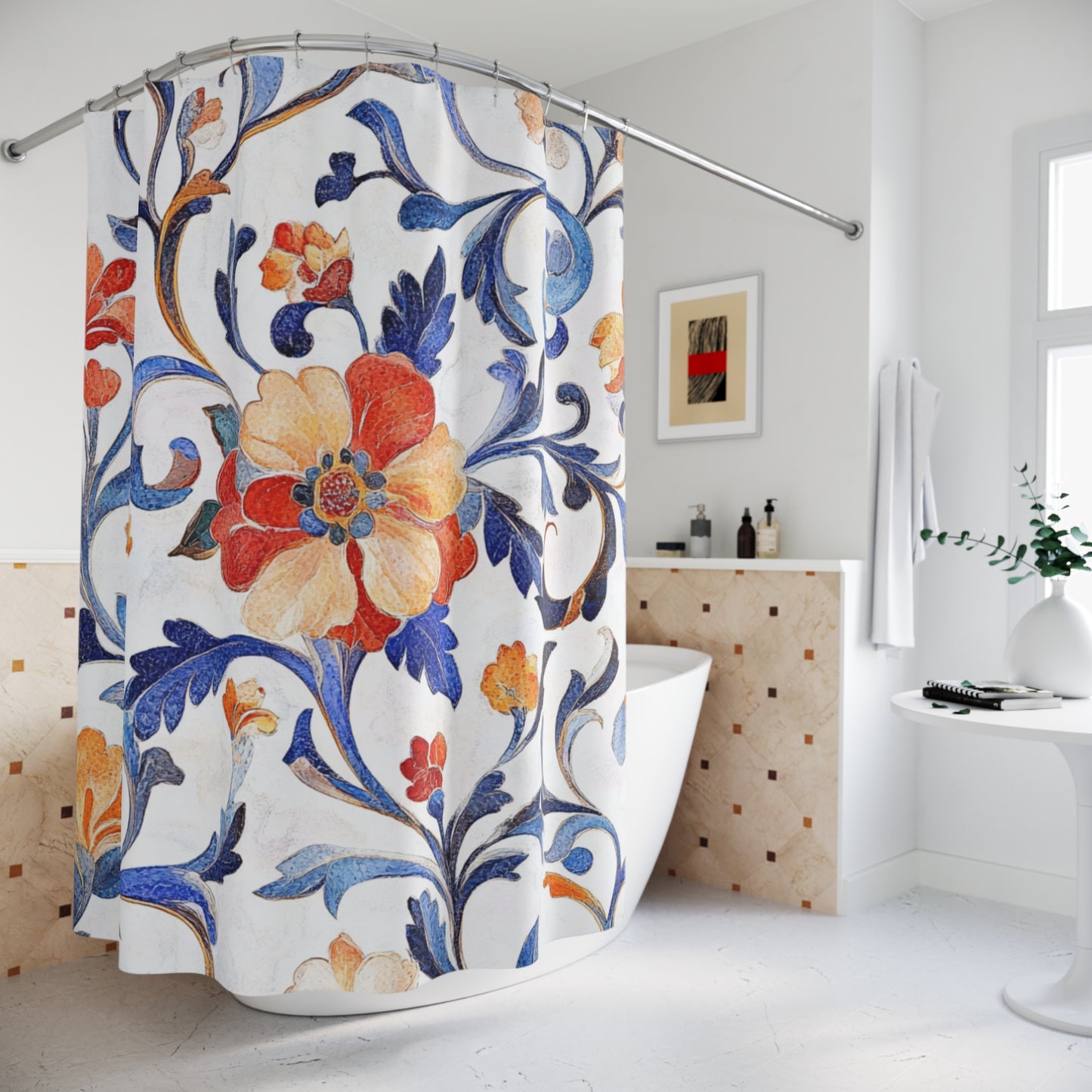 Flower Pattern on White Background Shower Curtain – Elegant Bathroom Decor