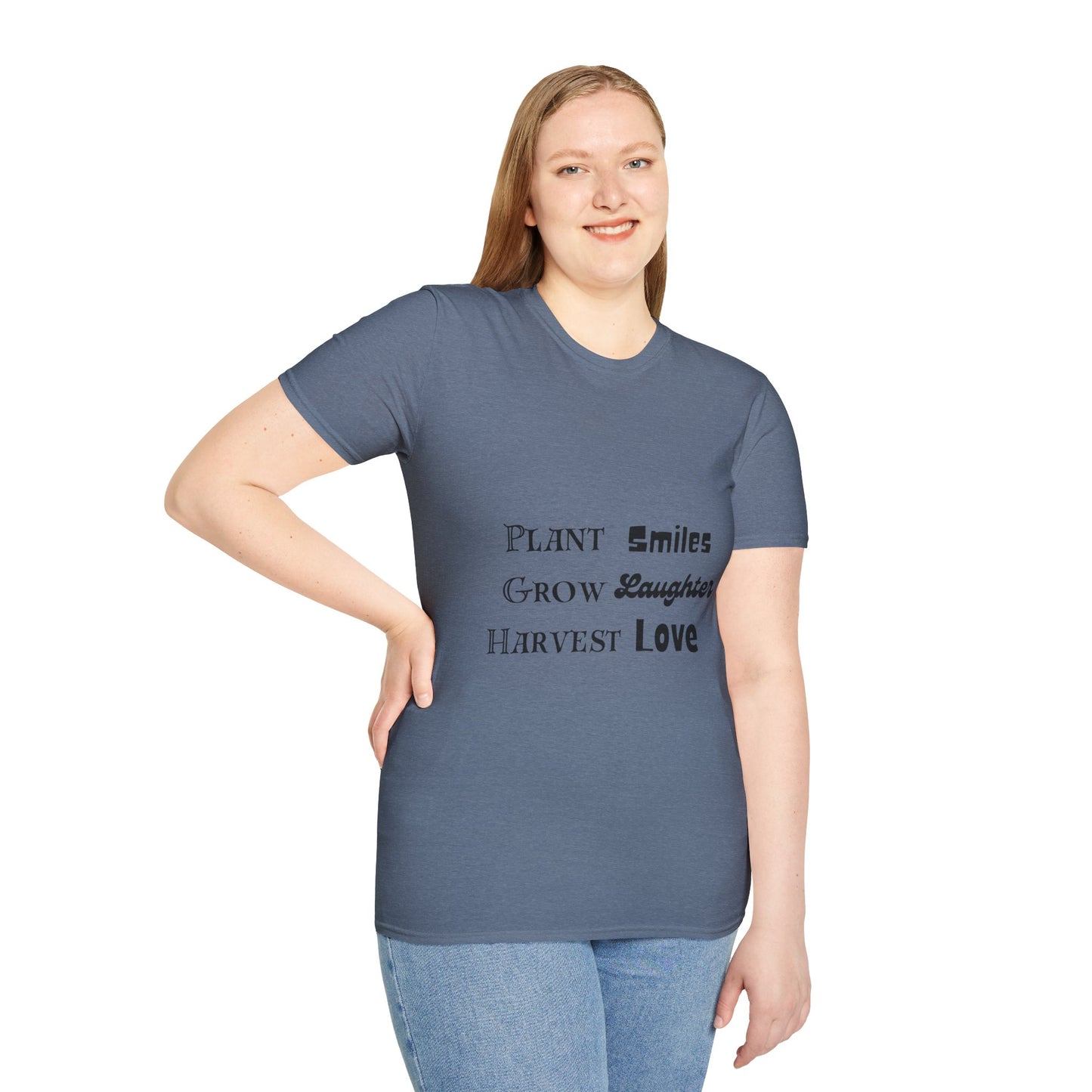 ‘Plant Smiles, Grow Laughter, Harvest Love’ Unisex Softstyle T-Shirt | Inspirational Gardening Tee