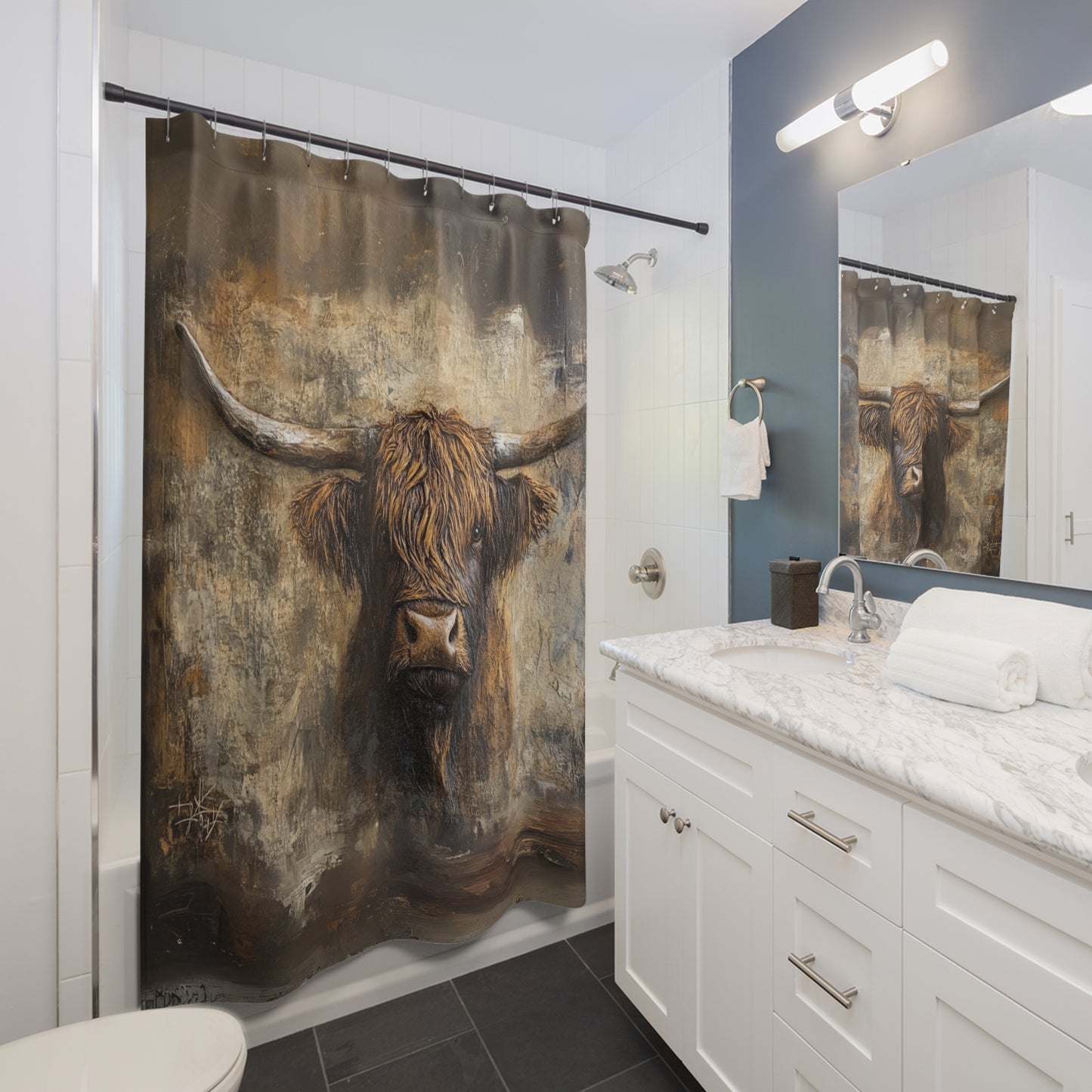 Highland Cow Shower Curtain – Rustic Bathroom Decor