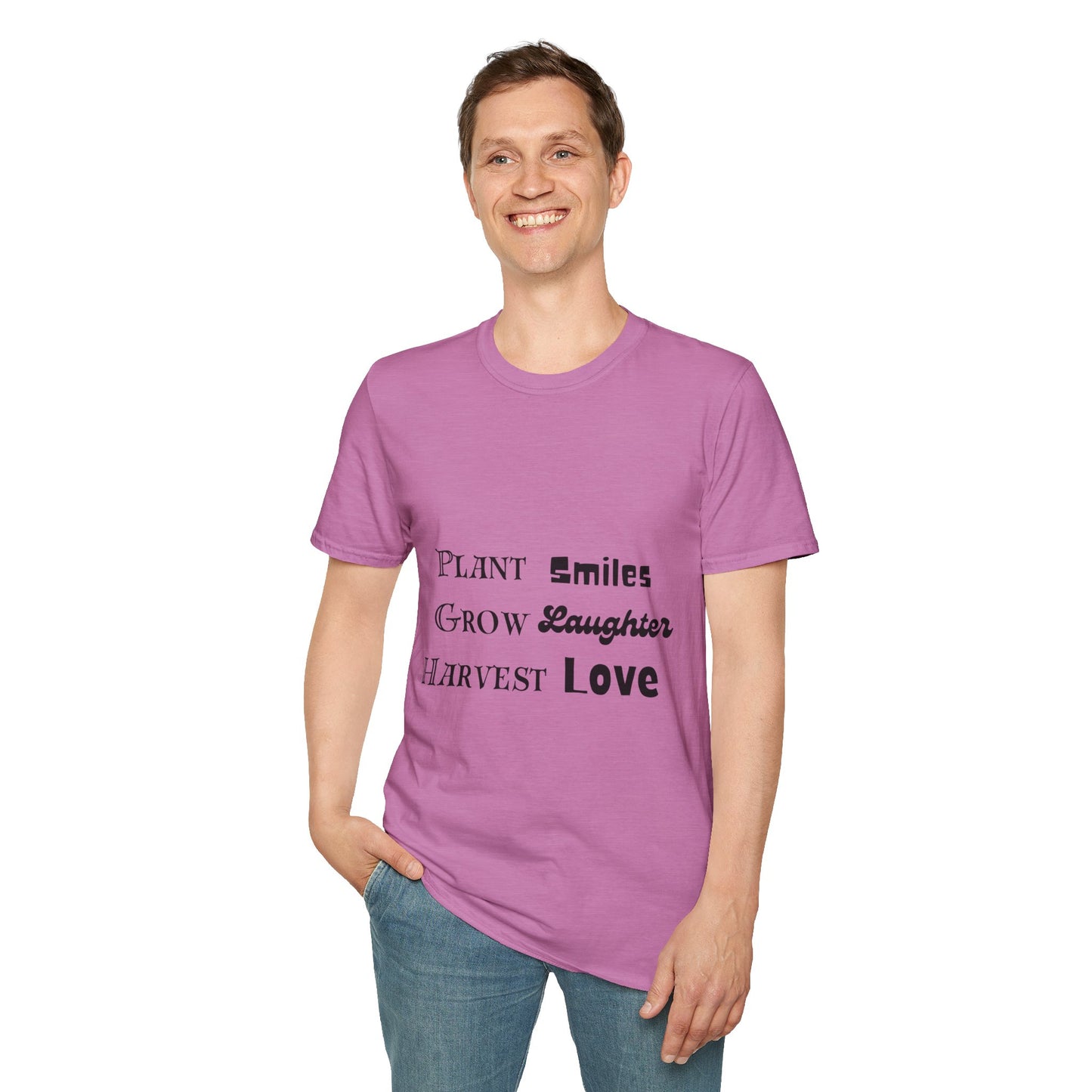 ‘Plant Smiles, Grow Laughter, Harvest Love’ Unisex Softstyle T-Shirt | Inspirational Gardening Tee