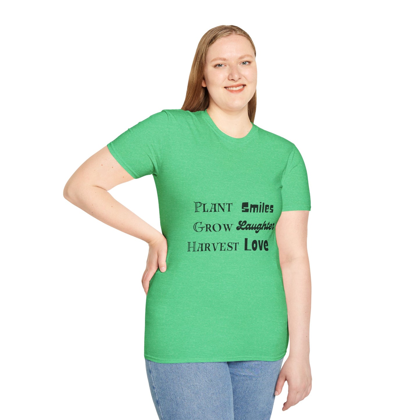 ‘Plant Smiles, Grow Laughter, Harvest Love’ Unisex Softstyle T-Shirt | Inspirational Gardening Tee