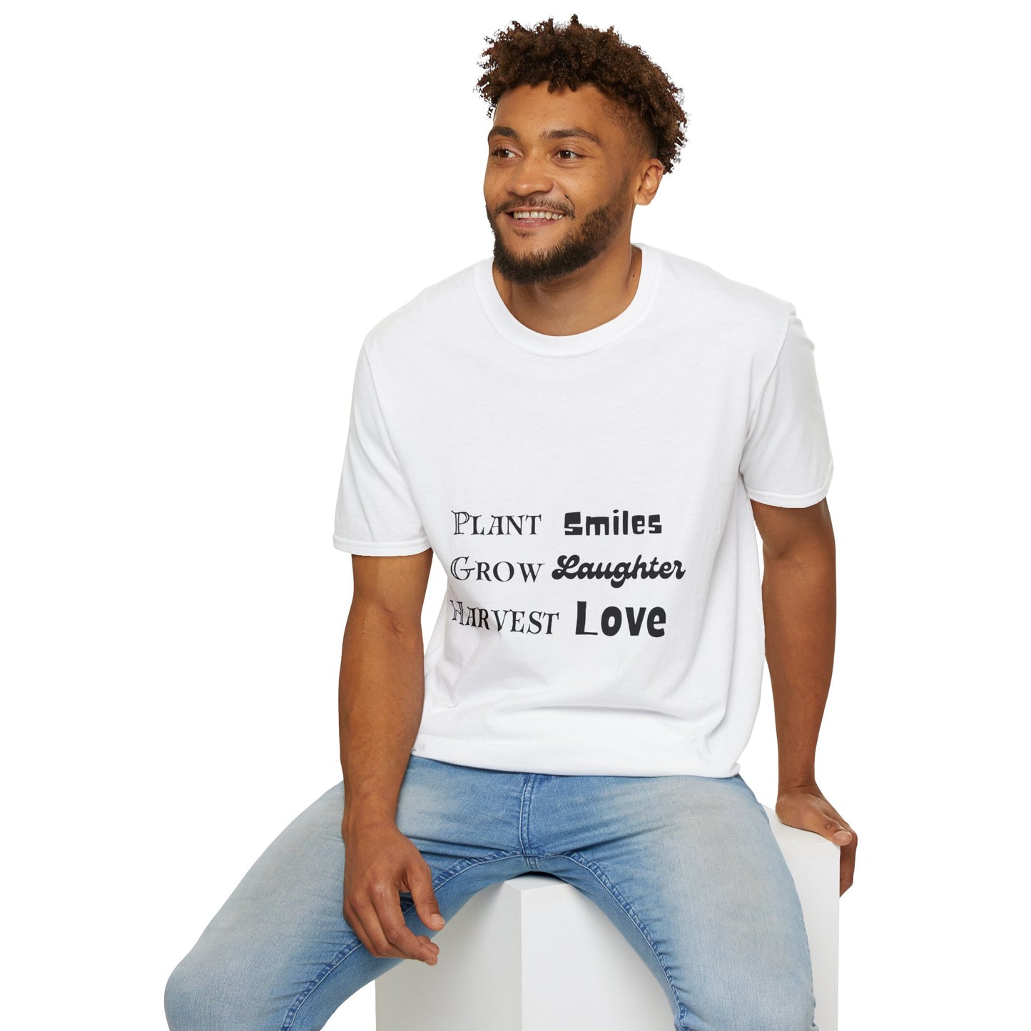 ‘Plant Smiles, Grow Laughter, Harvest Love’ Unisex Softstyle T-Shirt | Inspirational Gardening Tee