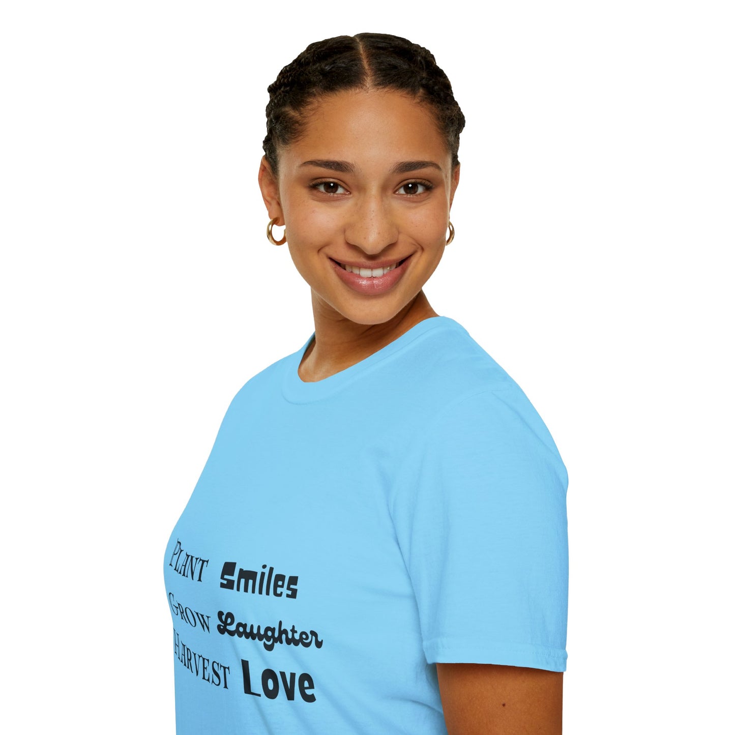 ‘Plant Smiles, Grow Laughter, Harvest Love’ Unisex Softstyle T-Shirt | Inspirational Gardening Tee