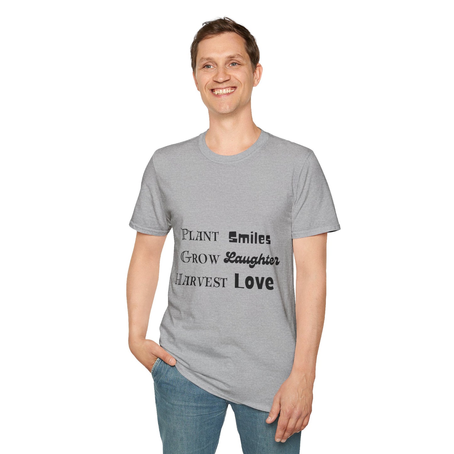 ‘Plant Smiles, Grow Laughter, Harvest Love’ Unisex Softstyle T-Shirt | Inspirational Gardening Tee