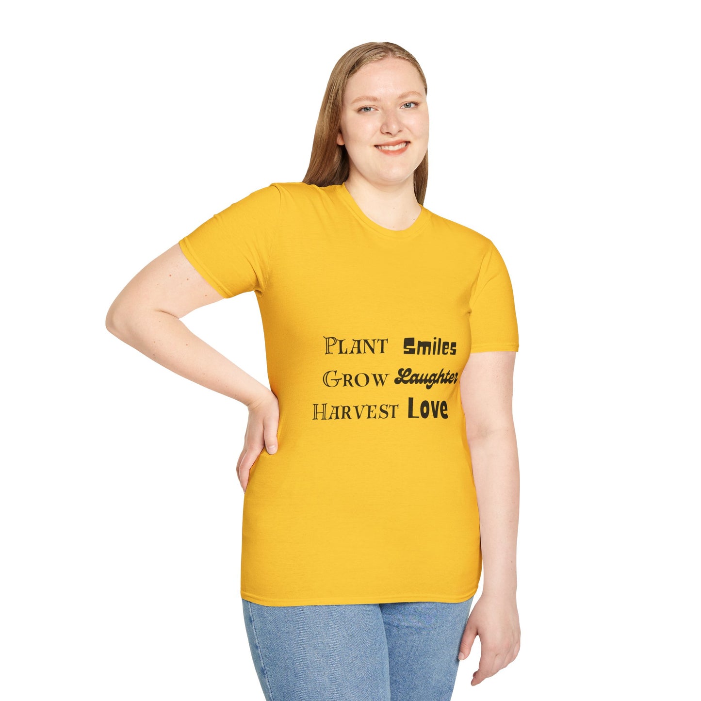 ‘Plant Smiles, Grow Laughter, Harvest Love’ Unisex Softstyle T-Shirt | Inspirational Gardening Tee