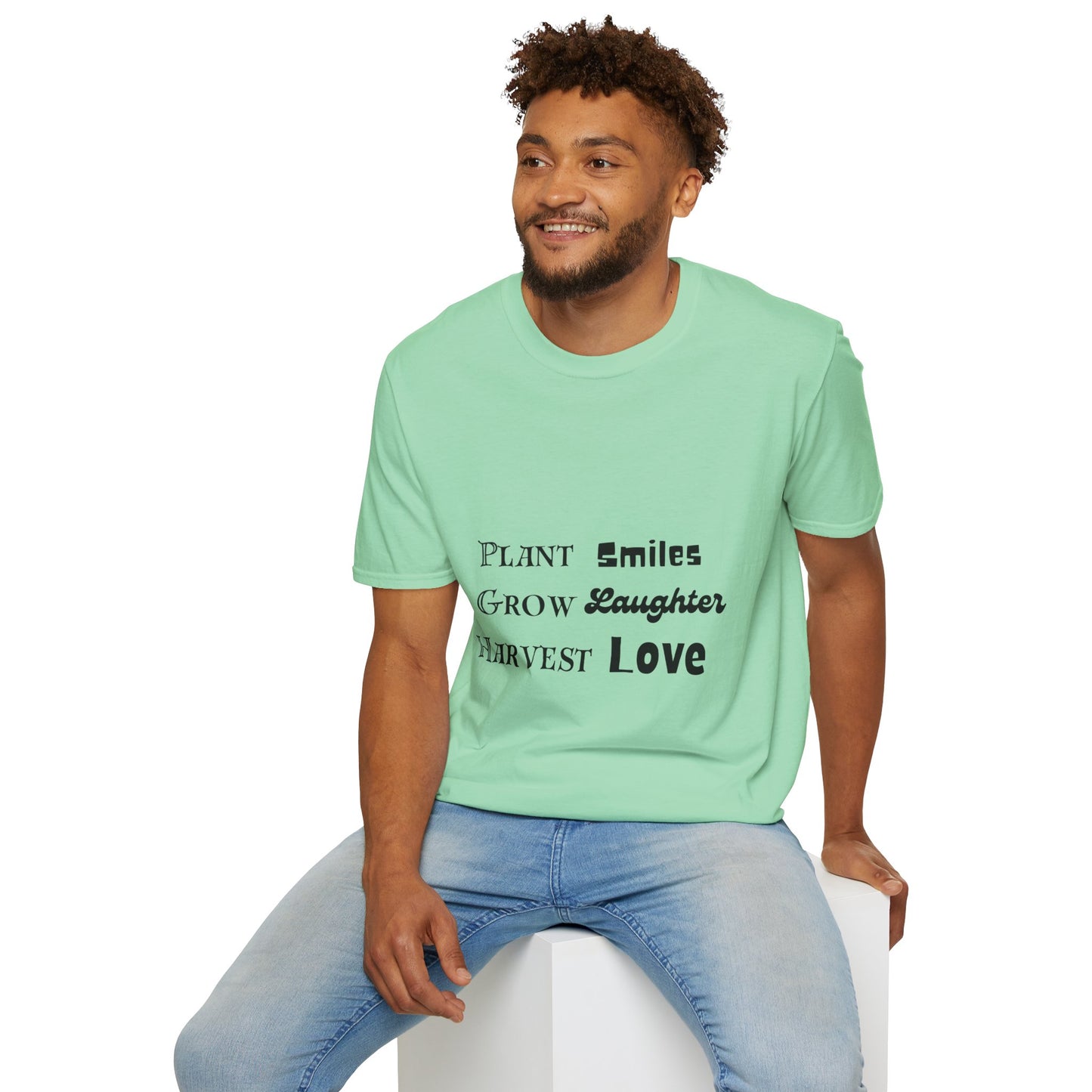 ‘Plant Smiles, Grow Laughter, Harvest Love’ Unisex Softstyle T-Shirt | Inspirational Gardening Tee