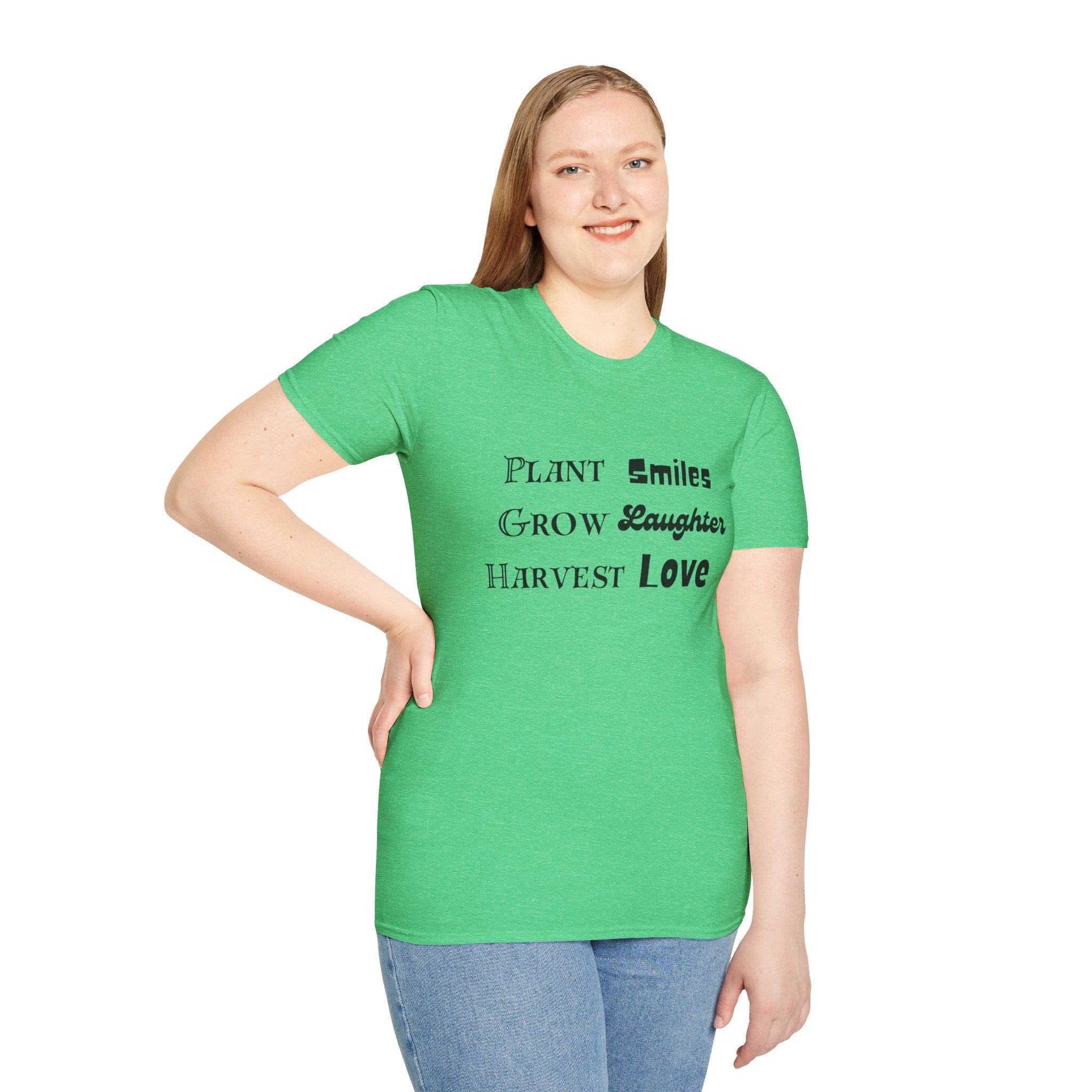 ‘Plant Smiles, Grow Laughter, Harvest Love’ Unisex Softstyle T-Shirt | Inspirational Gardening Tee