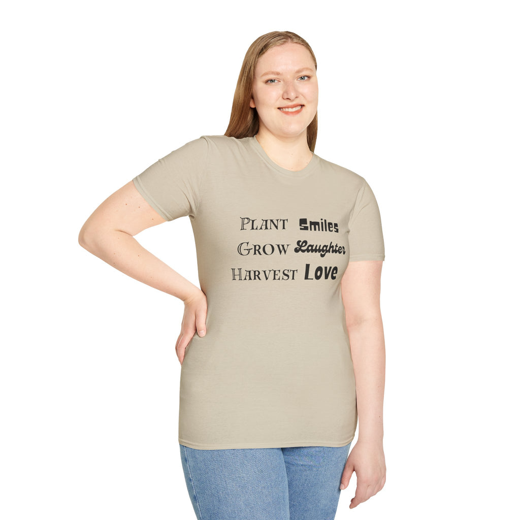 ‘Plant Smiles, Grow Laughter, Harvest Love’ Unisex Softstyle T-Shirt | Inspirational Gardening Tee