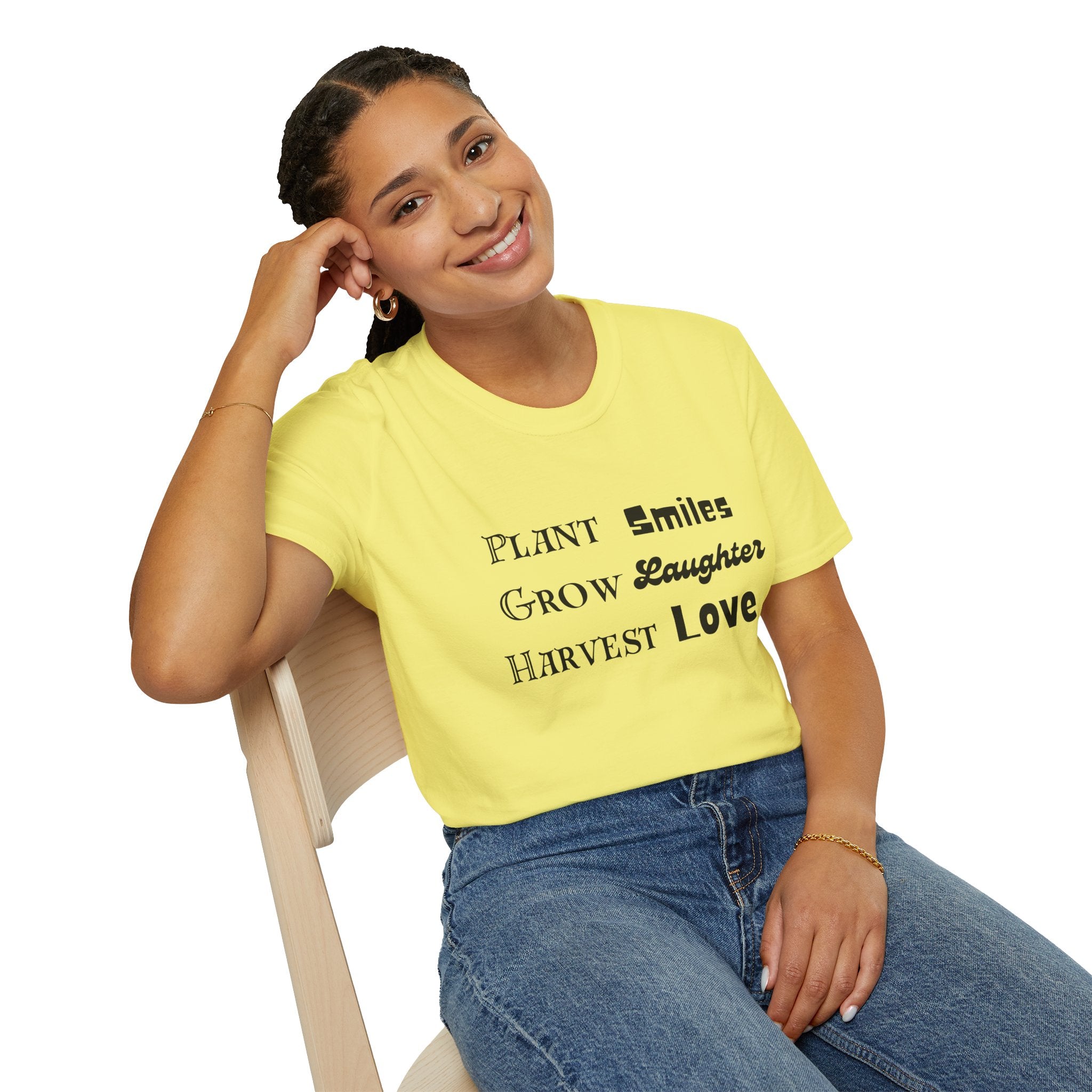 ‘Plant Smiles, Grow Laughter, Harvest Love’ Unisex Softstyle T-Shirt | Inspirational Gardening Tee