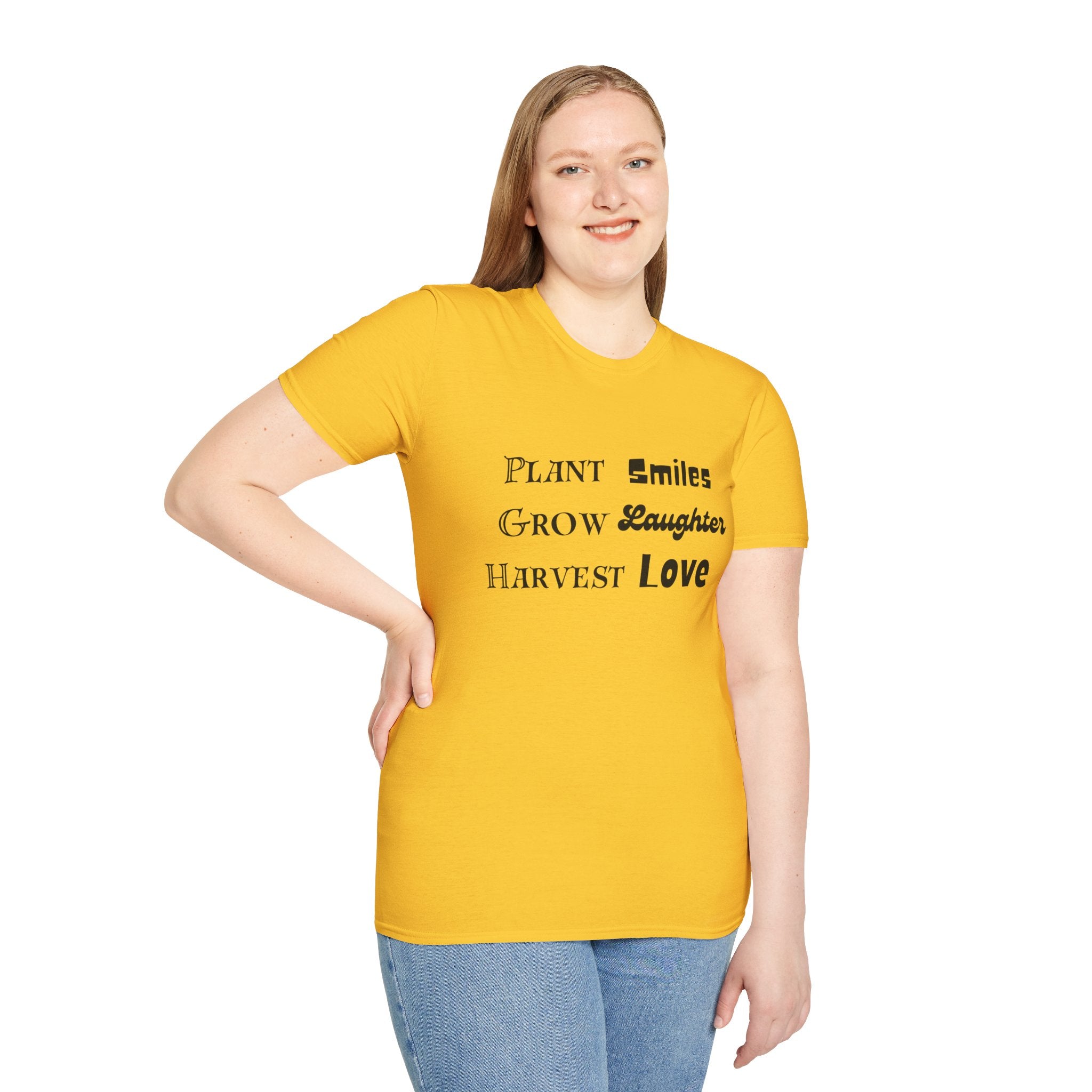 ‘Plant Smiles, Grow Laughter, Harvest Love’ Unisex Softstyle T-Shirt | Inspirational Gardening Tee