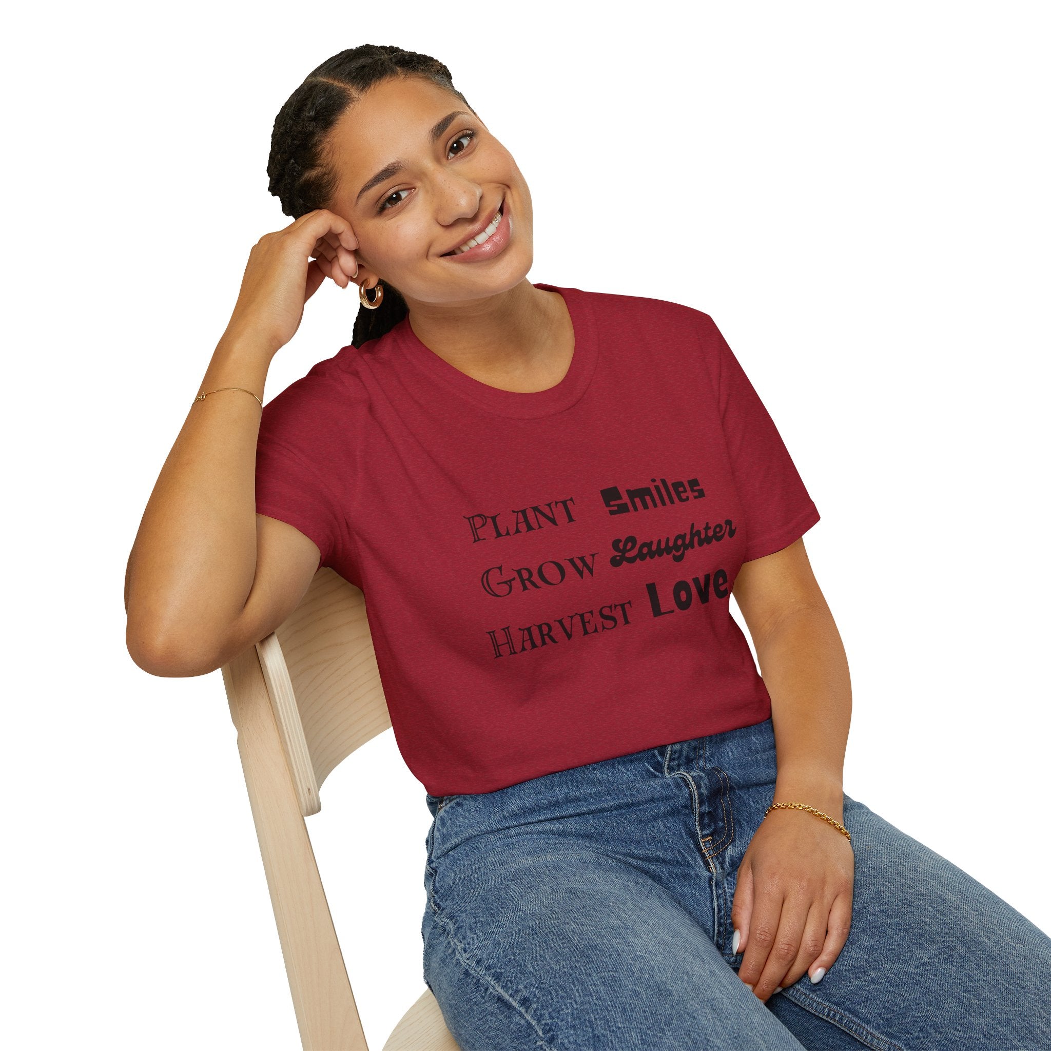 ‘Plant Smiles, Grow Laughter, Harvest Love’ Unisex Softstyle T-Shirt | Inspirational Gardening Tee