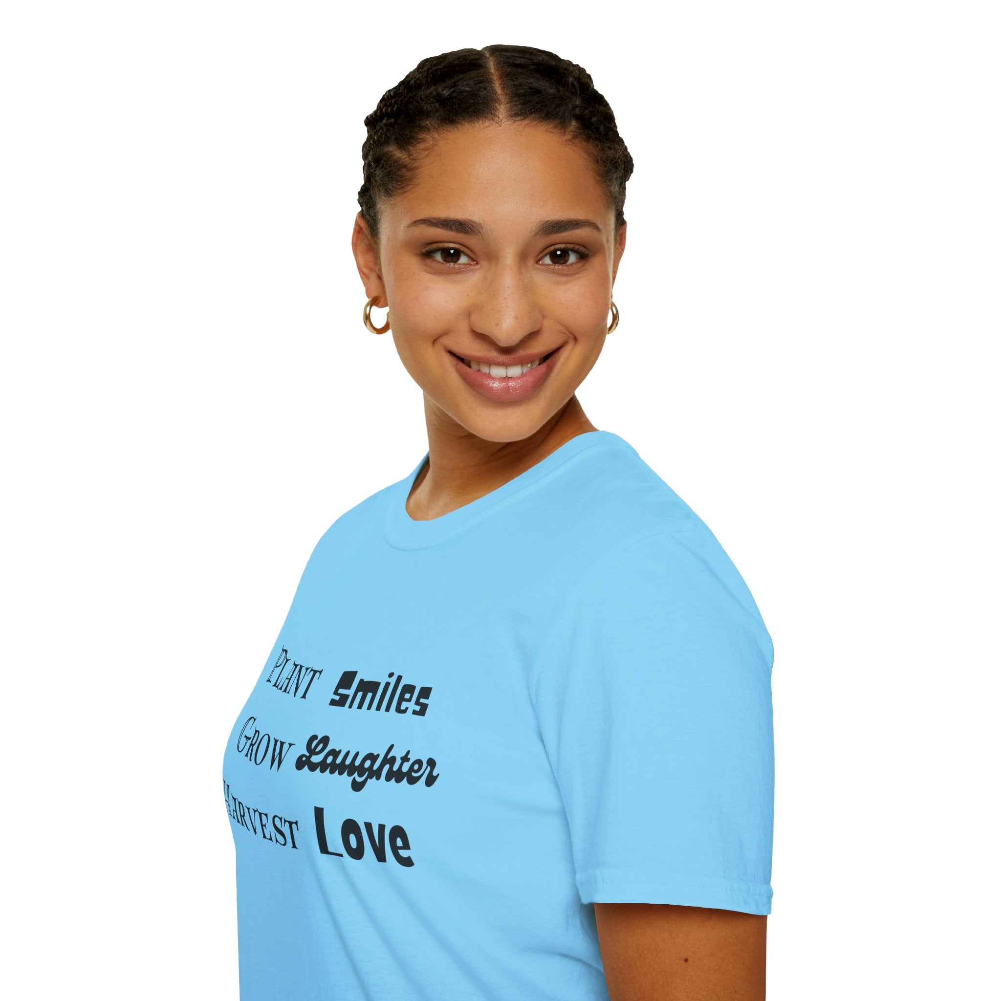 ‘Plant Smiles, Grow Laughter, Harvest Love’ Unisex Softstyle T-Shirt | Inspirational Gardening Tee