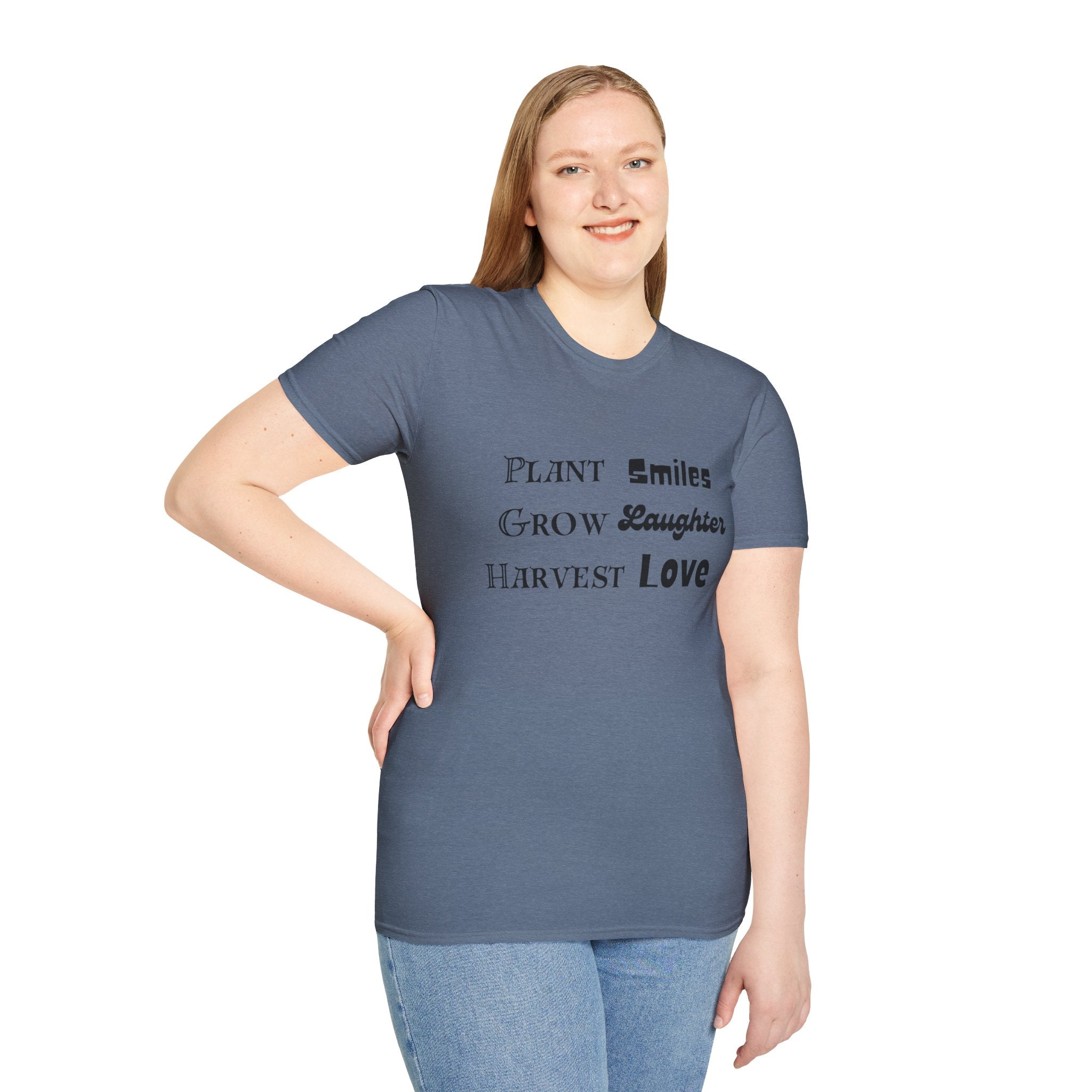‘Plant Smiles, Grow Laughter, Harvest Love’ Unisex Softstyle T-Shirt | Inspirational Gardening Tee