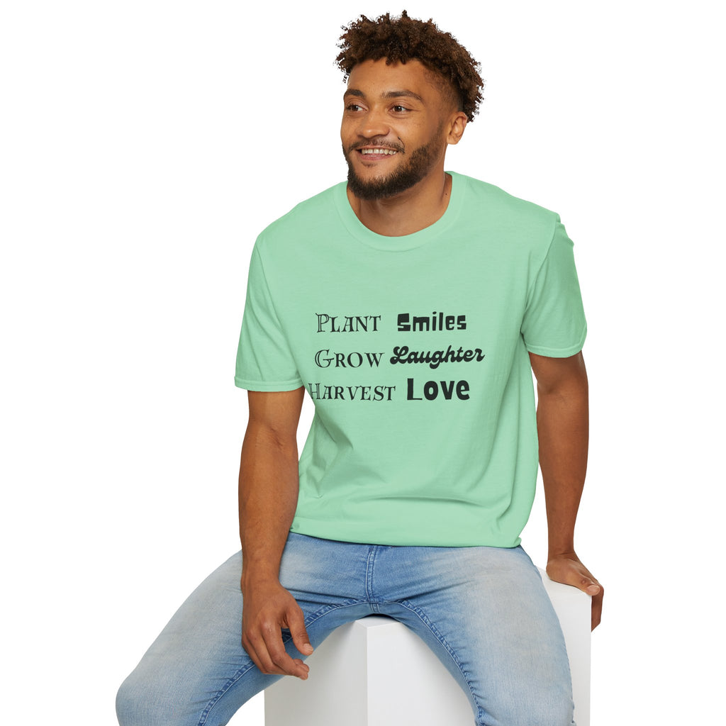 ‘Plant Smiles, Grow Laughter, Harvest Love’ Unisex Softstyle T-Shirt | Inspirational Gardening Tee