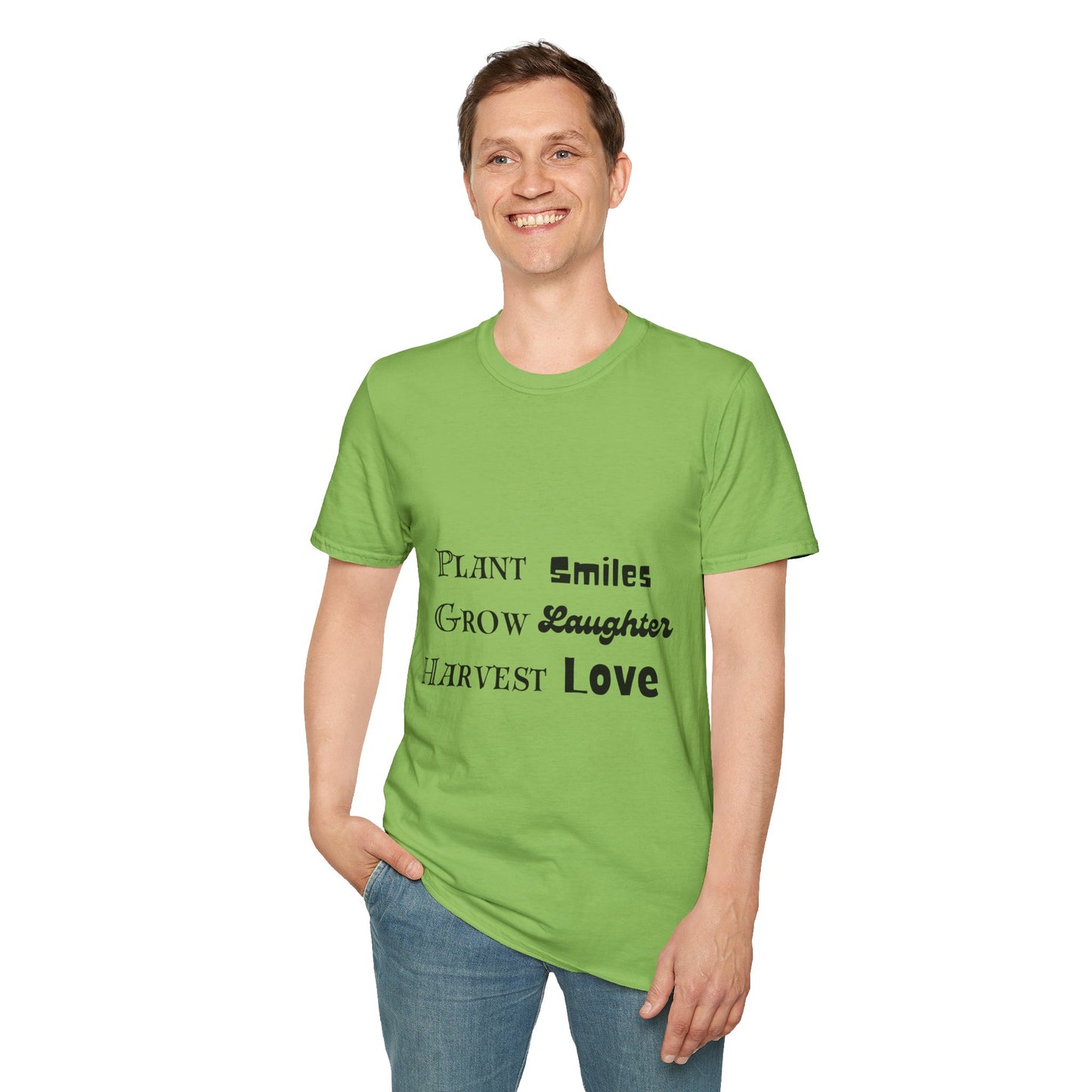 ‘Plant Smiles, Grow Laughter, Harvest Love’ Unisex Softstyle T-Shirt | Inspirational Gardening Tee