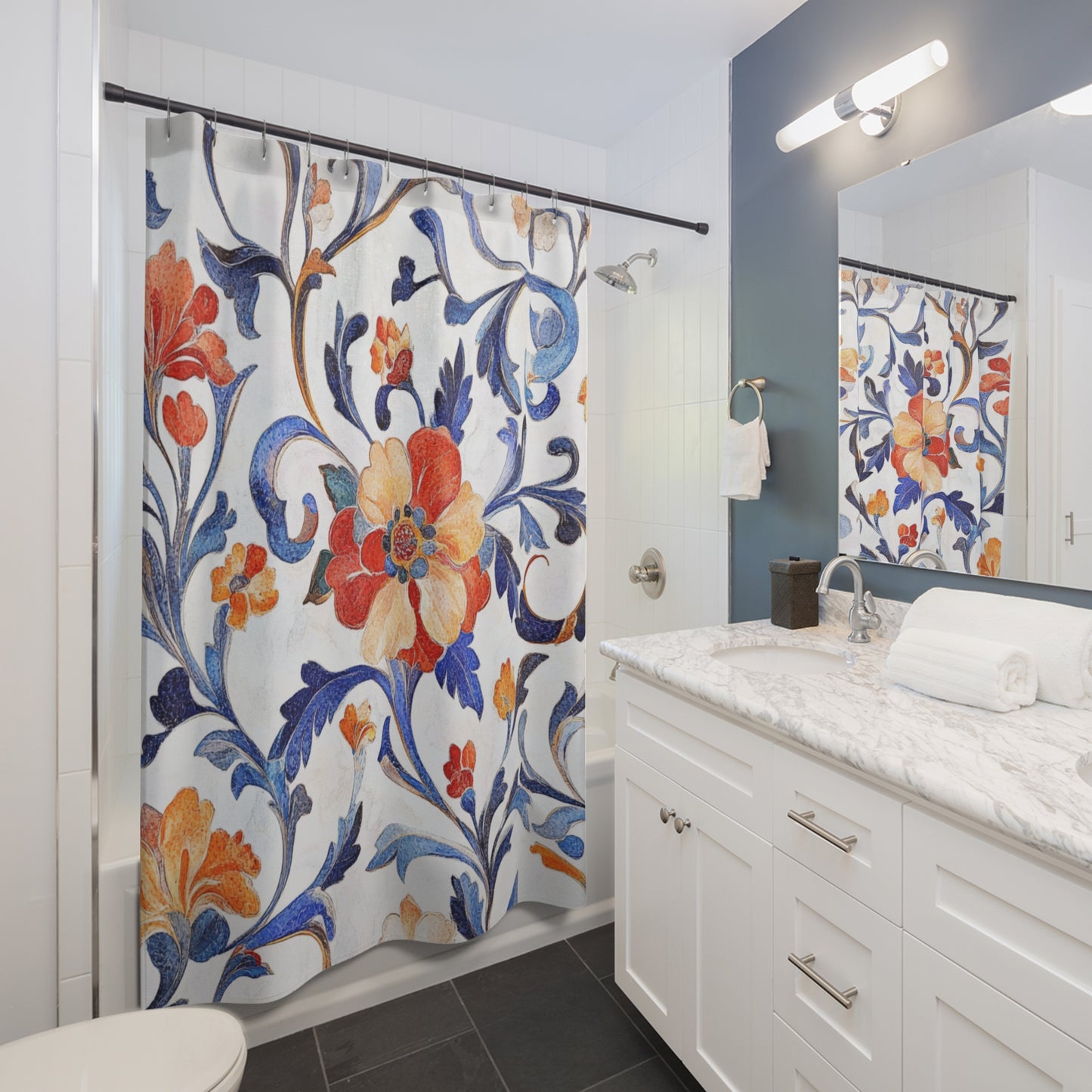 Flower Pattern on White Background Shower Curtain – Elegant Bathroom Decor